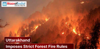 Uttarakhand Imposes Strict Forest Fire Rules Forest fire spreading across hills in Uttarakhand at night, with flames engulfing trees and headline about strict forest fire rules.