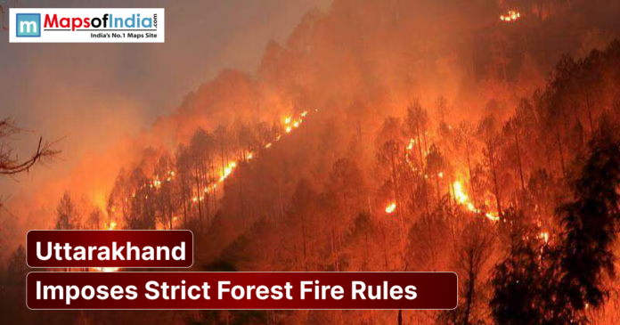 Forest fire spreading across hills in Uttarakhand at night, with flames engulfing trees and headline about strict forest fire rules.