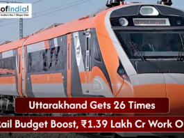 An orange and grey Vande Bharat Express train on tracks with the "Maps of India" logo in the top left.