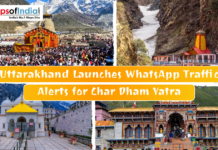 Uttarakhand Launches WhatsApp Traffic Alerts for Char Dham Yatra Collage of the four Char Dham temples in Uttarakhand with a text banner about new WhatsApp traffic alerts for pilgrims.