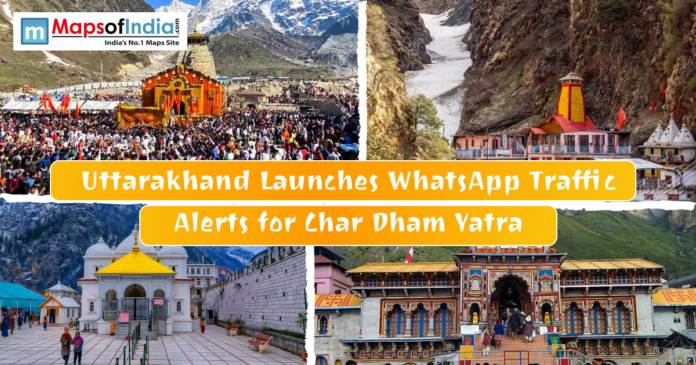 Collage of the four Char Dham temples in Uttarakhand with a text banner about new WhatsApp traffic alerts for pilgrims.