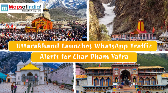 Uttarakhand Launches WhatsApp Traffic Alerts for Char Dham Yatra Collage of the four Char Dham temples in Uttarakhand with a text banner about new WhatsApp traffic alerts for pilgrims.