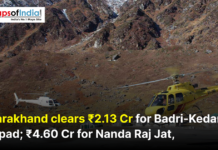 Uttarakhand clears ₹2.13 Cr for Badri-Kedar helipad; ₹4.60 Cr for Nanda Raj Jat, ₹2.03 Cr for Udham Singh Nagar Helicopters at a mountainous helipad in Uttarakhand with budget news text