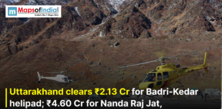 Uttarakhand clears ₹2.13 Cr for Badri-Kedar helipad; ₹4.60 Cr for Nanda Raj Jat, ₹2.03 Cr for Udham Singh Nagar Helicopters at a mountainous helipad in Uttarakhand with budget news text