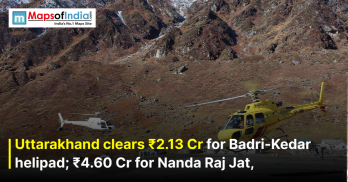 Uttarakhand(1) Helicopters at a mountainous helipad in Uttarakhand with budget news text