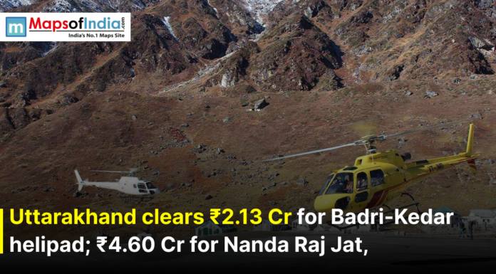Uttarakhand clears ₹2.13 Cr for Badri-Kedar helipad; ₹4.60 Cr for Nanda Raj Jat, ₹2.03 Cr for Udham Singh Nagar Helicopters at a mountainous helipad in Uttarakhand with budget news text