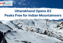 Uttarakhand Opens 83 Peaks Free for Indian Mountaineers A group of mountaineers trekking across snow-covered Himalayan peaks in Uttarakhand, with a headline announcing “Uttarakhand Opens 83 Peaks Free for Indian Mountaineers,” highlighting new opportunities for adventure and climbing.