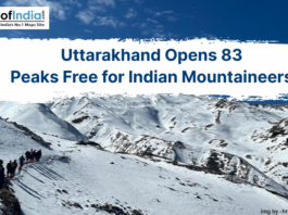 A group of mountaineers trekking across snow-covered Himalayan peaks in Uttarakhand, with a headline announcing “Uttarakhand Opens 83 Peaks Free for Indian Mountaineers,” highlighting new opportunities for adventure and climbing.