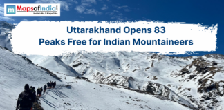 Uttarakhand Opens 83 Peaks Free for Indian Mountaineers A group of mountaineers trekking across snow-covered Himalayan peaks in Uttarakhand, with a headline announcing “Uttarakhand Opens 83 Peaks Free for Indian Mountaineers,” highlighting new opportunities for adventure and climbing.