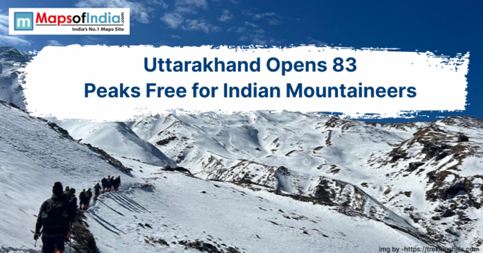 A group of mountaineers trekking across snow-covered Himalayan peaks in Uttarakhand, with a headline announcing “Uttarakhand Opens 83 Peaks Free for Indian Mountaineers,” highlighting new opportunities for adventure and climbing.