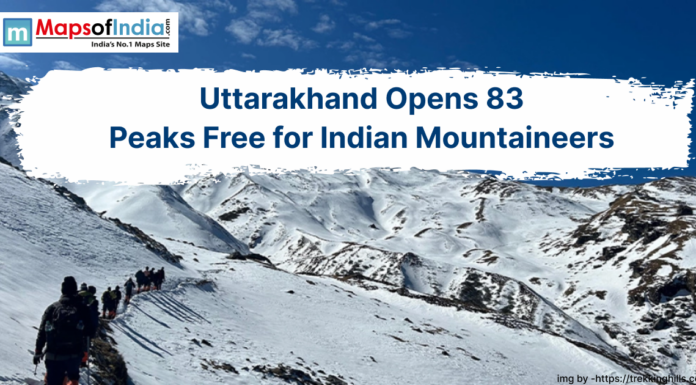Uttarakhand Opens 83 Peaks Free for Indian Mountaineers A group of mountaineers trekking across snow-covered Himalayan peaks in Uttarakhand, with a headline announcing “Uttarakhand Opens 83 Peaks Free for Indian Mountaineers,” highlighting new opportunities for adventure and climbing.