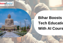 Bihar Boosts Tech Education With AI Courses Great Buddha Statue in Bihar with text overlay reading “Bihar Boosts Tech Education With AI Courses” and Maps of India logo.