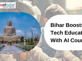 Great Buddha Statue in Bihar with text overlay reading “Bihar Boosts Tech Education With AI Courses” and Maps of India logo.