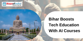 Bihar Boosts Tech Education With AI Courses Great Buddha Statue in Bihar with text overlay reading “Bihar Boosts Tech Education With AI Courses” and Maps of India logo.