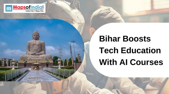 Great Buddha Statue in Bihar with text overlay reading “Bihar Boosts Tech Education With AI Courses” and Maps of India logo.