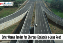Bihar Opens Tender for Sherpur-Kanhauli 6-Lane Road Aerial view of a wide multi-lane highway interchange with the headline “Bihar Opens Tender for Sherpur-Kanhauli 6-Lane Road” and Maps of India logo displayed on the image