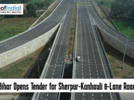 Aerial view of a wide multi-lane highway interchange with the headline “Bihar Opens Tender for Sherpur-Kanhauli 6-Lane Road” and Maps of India logo displayed on the image