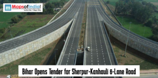 Bihar Opens Tender for Sherpur-Kanhauli 6-Lane Road Aerial view of a wide multi-lane highway interchange with the headline “Bihar Opens Tender for Sherpur-Kanhauli 6-Lane Road” and Maps of India logo displayed on the image
