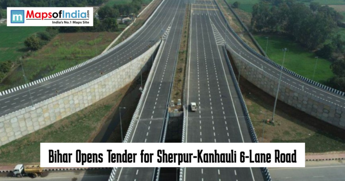 Aerial view of a wide multi-lane highway interchange with the headline “Bihar Opens Tender for Sherpur-Kanhauli 6-Lane Road” and Maps of India logo displayed on the image