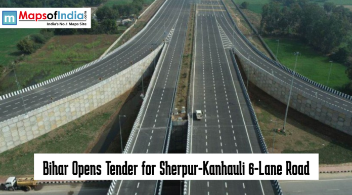 Bihar Opens Tender for Sherpur-Kanhauli 6-Lane Road Aerial view of a wide multi-lane highway interchange with the headline “Bihar Opens Tender for Sherpur-Kanhauli 6-Lane Road” and Maps of India logo displayed on the image