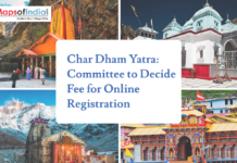 Char Dham Yatra: Committee to Decide Fee for Online Registration Collage of Yamunotri Temple, Gangotri Temple, Kedarnath Temple, and Badrinath Temple with headline text reading “Char Dham Yatra: Committee to Decide Fee for Online Registration,” and a Maps of India logo