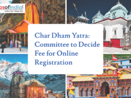 Char Dham Yatra: Committee to Decide Fee for Online Registration Collage of Yamunotri Temple, Gangotri Temple, Kedarnath Temple, and Badrinath Temple with headline text reading “Char Dham Yatra: Committee to Decide Fee for Online Registration,” and a Maps of India logo