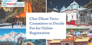 Char Dham Yatra: Committee to Decide Fee for Online Registration Collage of Yamunotri Temple, Gangotri Temple, Kedarnath Temple, and Badrinath Temple with headline text reading “Char Dham Yatra: Committee to Decide Fee for Online Registration,” and a Maps of India logo