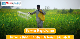 Farmer Registration Drive in Bihar: Digital IDs Ready by Feb 11 A farmer spreading fertilizer in a lush mustard field in Bihar, with on-image text reading “Farmer Registration Drive in Bihar: Digital IDs Ready by Feb 11” and the MapsofIndia logo