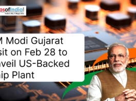 Promotional graphic showing PM Narendra Modi announcing his Gujarat visit on Feb 28 to unveil a US-backed semiconductor chip plant, with a background of microchips and the Maps of India logo