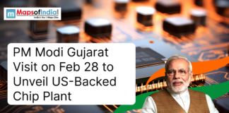 PM Modi Gujarat Visit on Feb 28 to Unveil US-Backed Chip Plant Promotional graphic showing PM Narendra Modi announcing his Gujarat visit on Feb 28 to unveil a US-backed semiconductor chip plant, with a background of microchips and the Maps of India logo