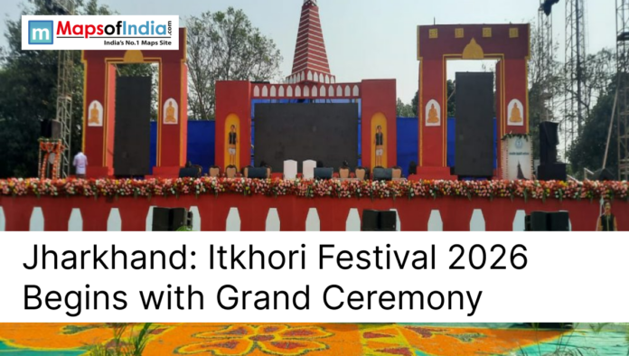 Stage set for Itkhori Festival 2026 in Jharkhand with decorative temple-style backdrop, LED screens, and floral arrangements during the grand opening ceremony.