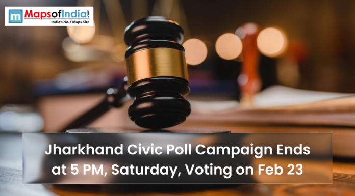 Jharkhand Civic Poll Campaign Ends at 5 PM, Saturday, Voting on Feb 23 Gavel on a desk with text overlay reading “Jharkhand Civic Poll Campaign Ends at 5 PM, Saturday, Voting on Feb 23” and Maps of India logo.