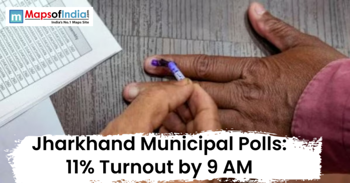 polls Voter’s finger being marked with indelible ink during Jharkhand municipal elections, highlighting 11% turnout by 9 AM.