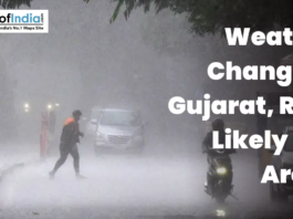 Weather Change in Gujarat, Rain Likely in 6 Areas Heavy rainfall lashes a street in Gujarat as pedestrians and vehicles navigate low visibility conditions.