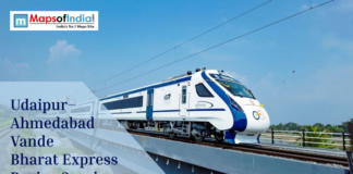 Udaipur–Ahmedabad Vande Bharat Express Begins Service Vande Bharat Express train running on an elevated track as Udaipur–Ahmedabad service begins, featured in a Maps of India graphic