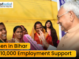 Women in Bihar Get ₹10,000 Employment Support A public interaction scene showing women speaking with a political leader, with text overlay about women in Bihar receiving ₹10,000 employment support