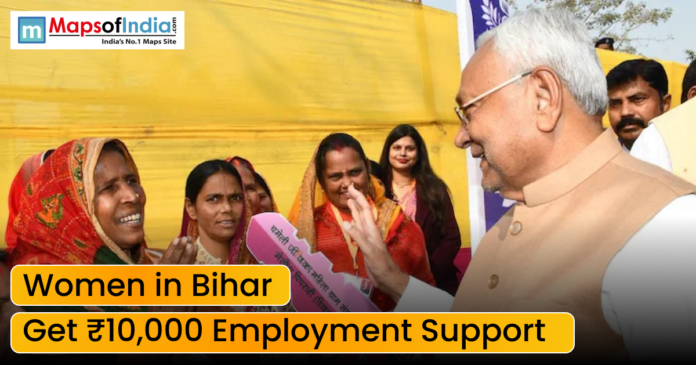 A public interaction scene showing women speaking with a political leader, with text overlay about women in Bihar receiving ₹10,000 employment support