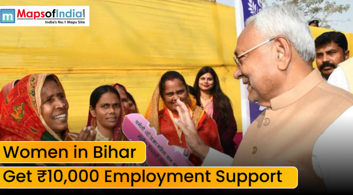 Women in Bihar Get ₹10,000 Employment Support A public interaction scene showing women speaking with a political leader, with text overlay about women in Bihar receiving ₹10,000 employment support