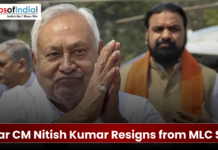 Bihar CM Nitish Kumar Resigns from MLC Seat Bihar Chief Minister Nitish Kumar with his hands folded in a 'Namaste' greeting, overlaid with text stating he has resigned from his MLC seat.