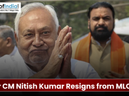Bihar CM Nitish Kumar Resigns from MLC Seat Bihar Chief Minister Nitish Kumar with his hands folded in a 'Namaste' greeting, overlaid with text stating he has resigned from his MLC seat.