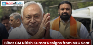 Bihar CM Nitish Kumar Resigns from MLC Seat Bihar Chief Minister Nitish Kumar with his hands folded in a 'Namaste' greeting, overlaid with text stating he has resigned from his MLC seat.