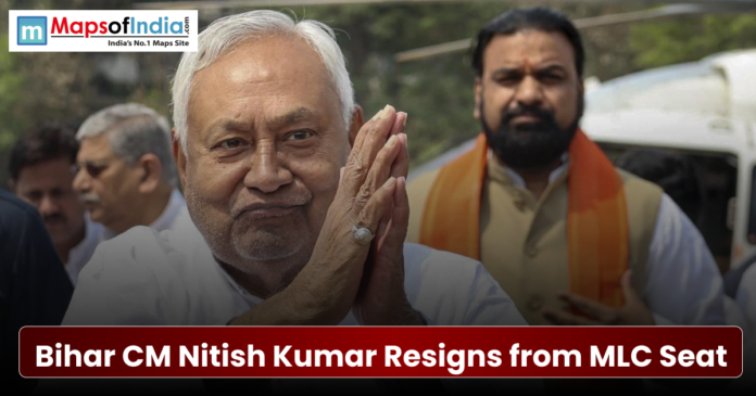 Bihar CM Bihar Chief Minister Nitish Kumar with his hands folded in a 'Namaste' greeting, overlaid with text stating he has resigned from his MLC seat.