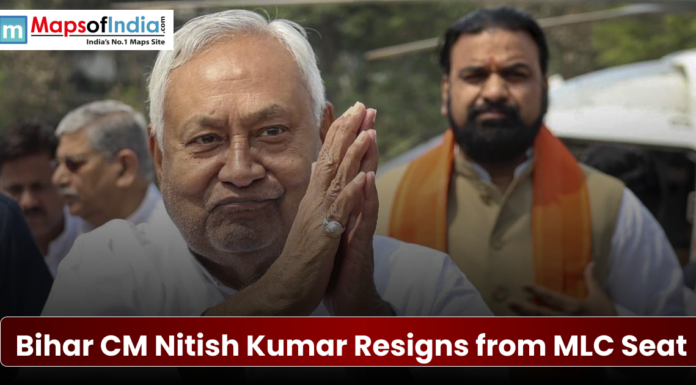 Bihar CM Nitish Kumar Resigns from MLC Seat Bihar Chief Minister Nitish Kumar with his hands folded in a 'Namaste' greeting, overlaid with text stating he has resigned from his MLC seat.