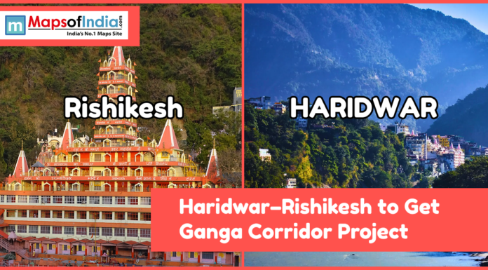 Haridwar–Rishikesh to Get Ganga Corridor Project Split image of Rishikesh temple and Haridwar city with headline announcing the Haridwar–Rishikesh Ganga Corridor development project