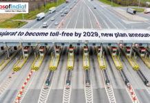 Gujarat to Become Toll-Free by 2029, New Plan Announced Highway toll plaza with multiple lanes as a headline announces Gujarat’s plan to become toll-free by 2029.