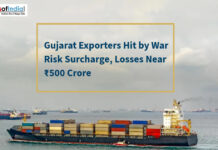 Gujarat Exporters Hit by War Risk Surcharge, Losses Near ₹500 Crore Cargo ships at sea; text reads "Gujarat Exporters Hit by War Risk Surcharge, Losses Near ₹500 Crore."