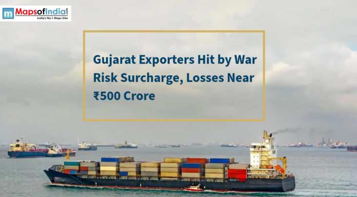 Gujarat Exporters Hit by War Risk Surcharge, Losses Near ₹500 Crore Cargo ships at sea; text reads "Gujarat Exporters Hit by War Risk Surcharge, Losses Near ₹500 Crore."