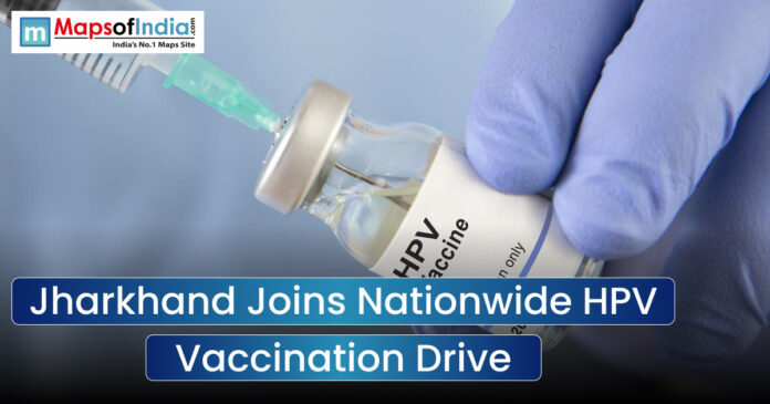 An image featuring a close-up of a gloved hand holding an HPV vaccine vial being accessed by a syringe, with a text overlay that reads 