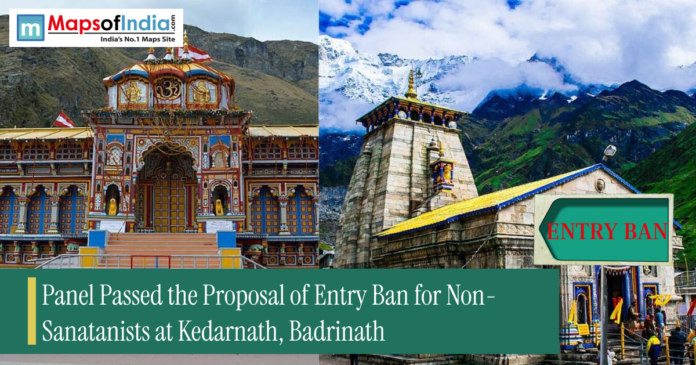 Badrinath and Kedarnath temples in Uttarakhand with a headline about a proposed entry ban for non-Sanatanis at the pilgrimage sites.