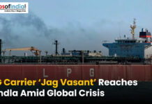 LPG Carrier ‘Jag Vasant’ Reaches Kandla Amid Global Crisis LPG carrier ship ‘Jag Vasant’ sailing at sea with headline about its arrival at Kandla amid a global crisis.